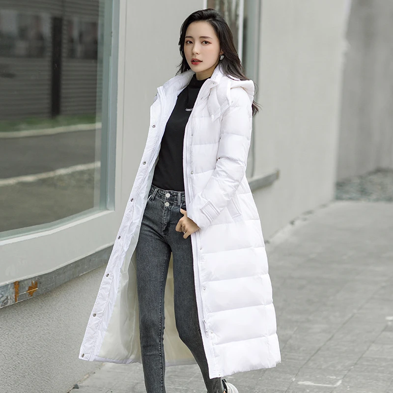 

ZURICHOUSE 2021 Winter Down Coat Women Long Slim Down Parka Fashion Glossy Waterproof Warm Hooded White Duck Down Jacket