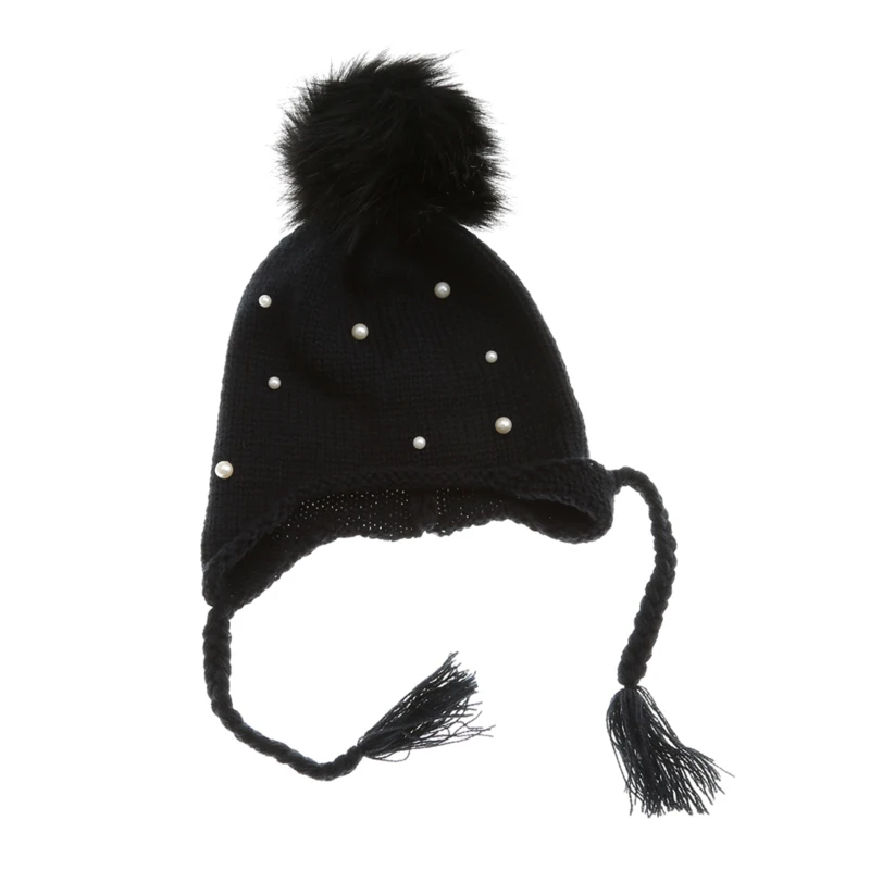 

Autumn And Winter Baby Hats Boys And Girls Wool Ball Knitted Hat Fashion Pearl Lace Ear Cap Cute Warm parent-child Hat