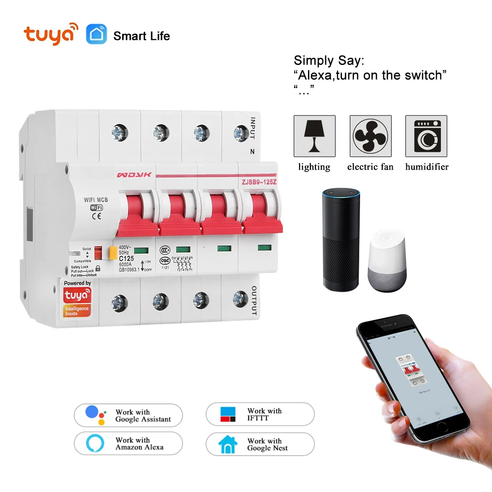 220 В Smart Life 4P WiFi умный выключатель защита от перегрузки короткого замыкания с Alexa