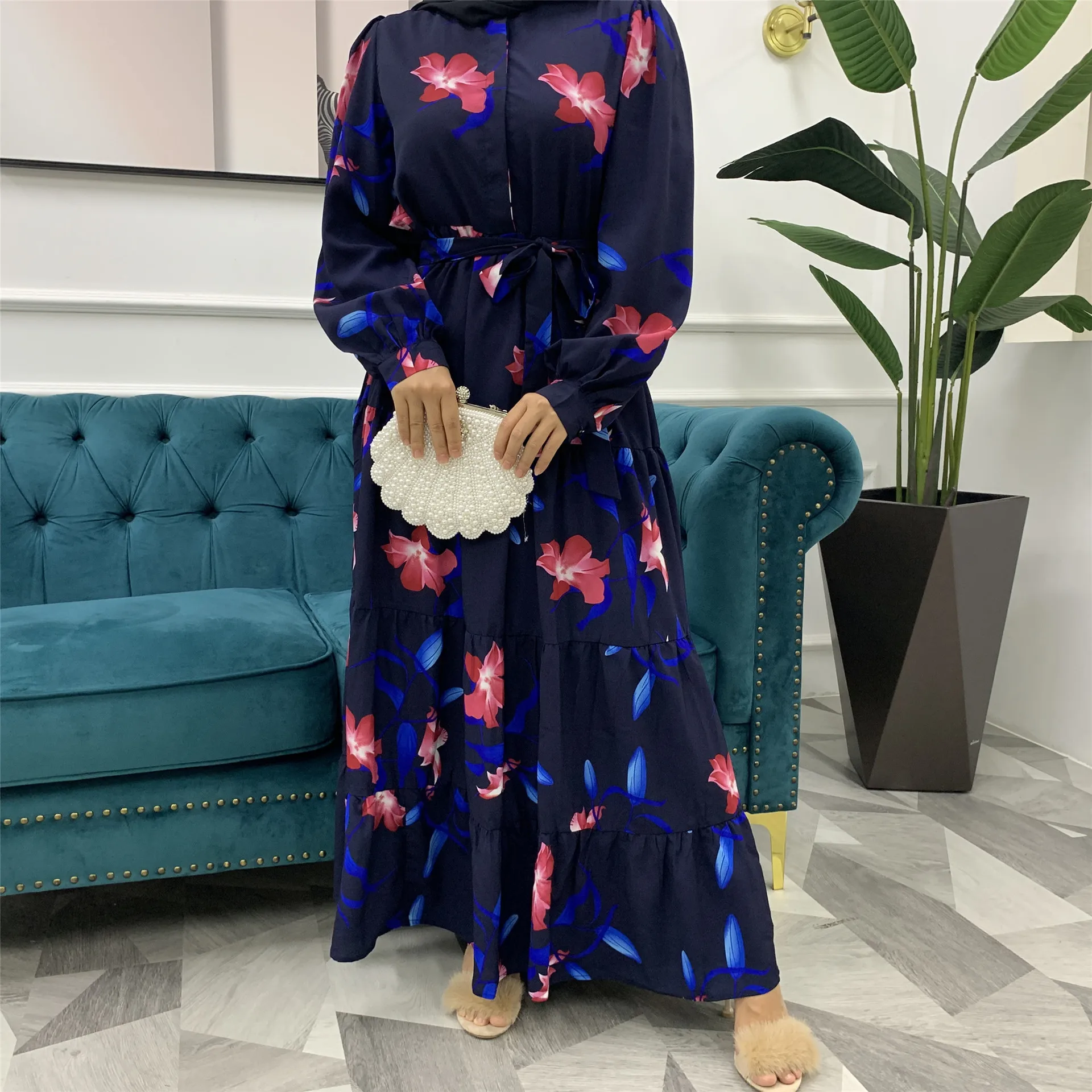 

Donsignet Muslim Dress Muslim Fashion Print Stitched Plus Size Strap Robes Muslim Dress Middle East Eid Duabi Abaya Turkey Robe