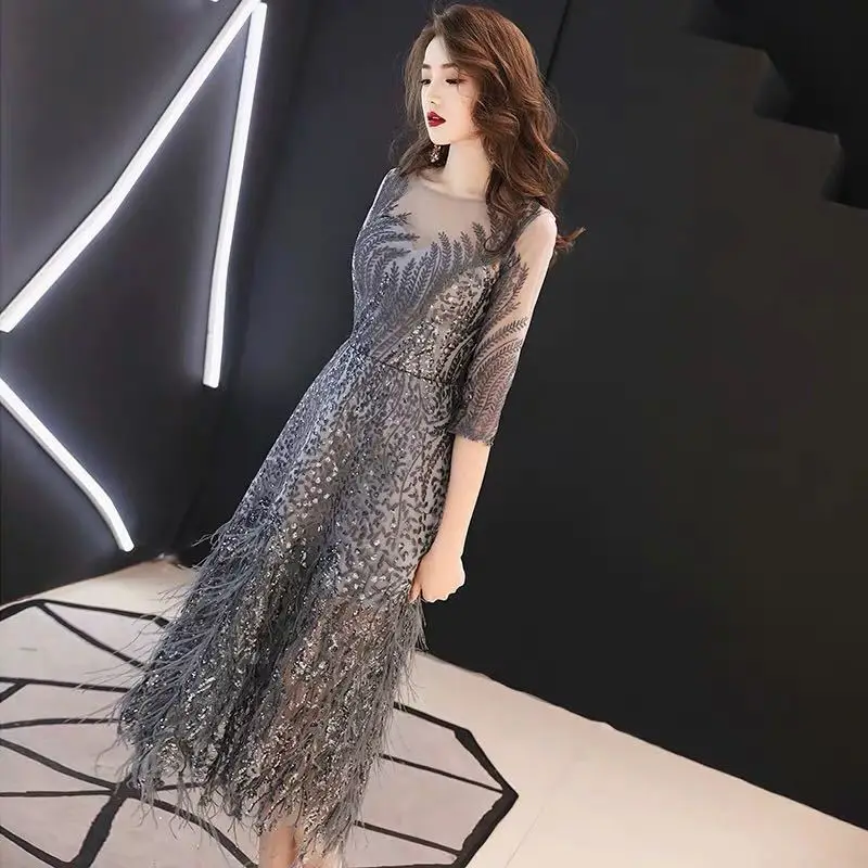 Robe De Soiree Sequins Chiffon Tassle Mid-length Daily Cocktail Dresses Gray Party Dress Elegant Vestido Gown Qipao Cheongsam