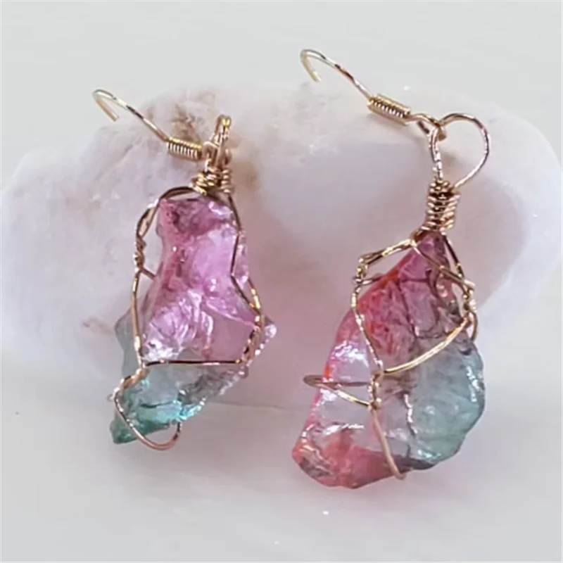 

Rainbow Quartz Crystal on Stainless Steel Hook Earrings - Very Colorful Iridescent Boho Earrings (Rough Angel Aura Quartz)