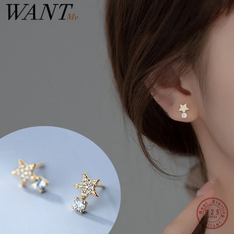

Женские маленькие серьги-гвоздики WANTME, из стерлингового серебра 925 пробы с блестящим цирконием в форме звезды, милые ювелирные украшения дл...