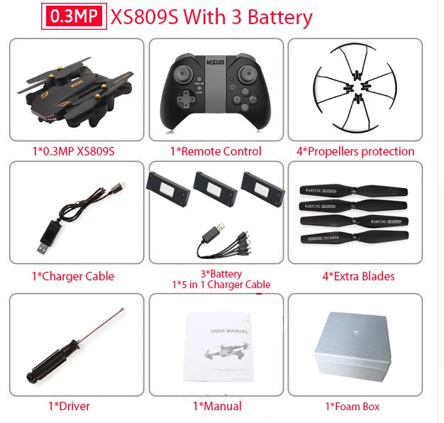 0.3MP 3B Foam Box VISUO XS809S XS809HW складной селфи Дрон с широкоугольным 0.3MP/2MP HD камерой Квадрокоптер WiFi FPV RC вертолет мини Дрон xs809 - Цвет: 0.3MP 3B Foam Box