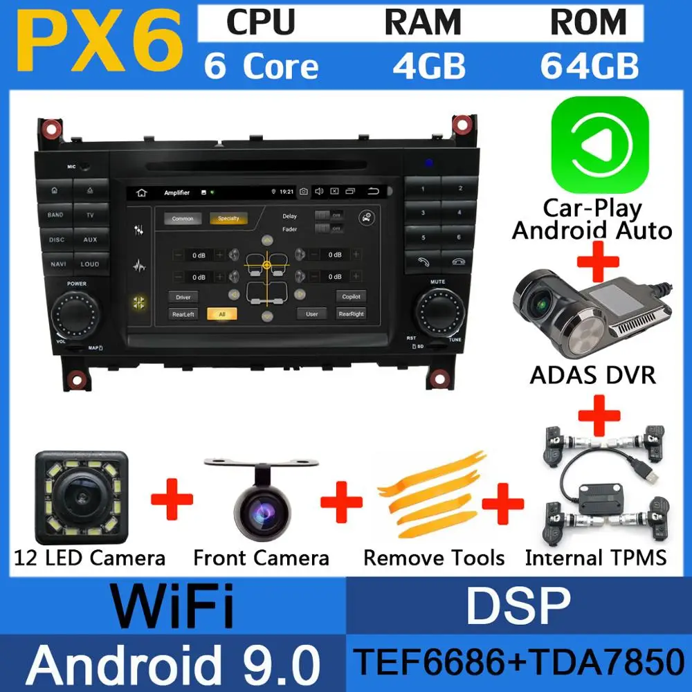 PX6-Adas-Carplay-TMS Восьмиядерный 4 Гб ОЗУ Android 9,0 автомобильный DVD для Mercedes Benz C Class W203 C180 C200 C220 C230 C240 C250 C270 C280 C300 C320 автомобильный DSP - Цвет: PX6-Adas-Carplay-TMS