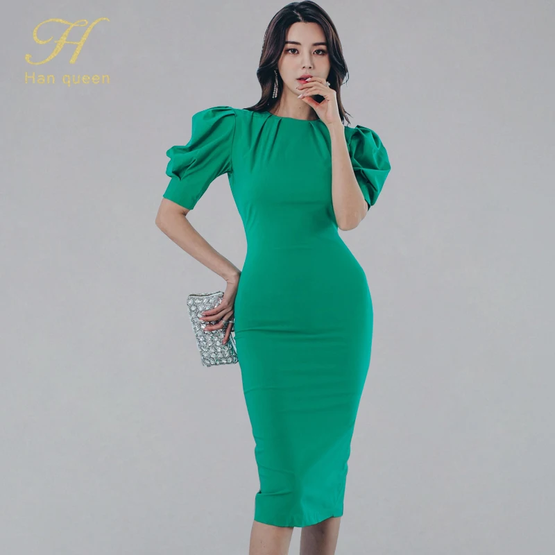 Элегантное облегающее офисное платье H Han Queen летнее зеленое карандаш деловые