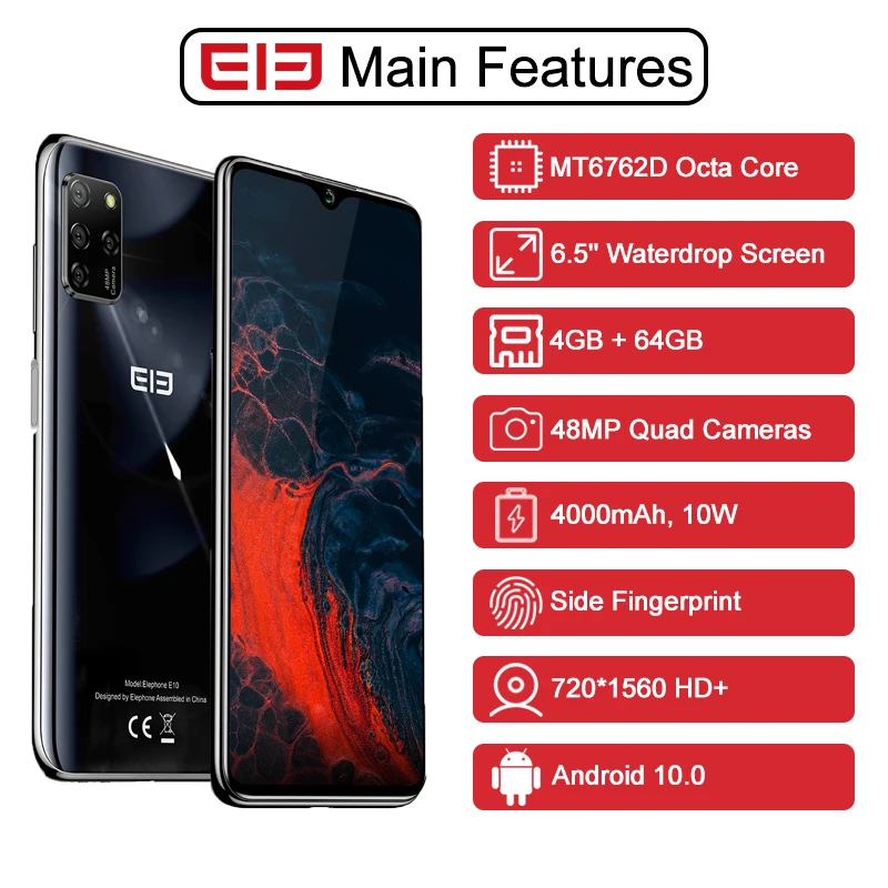 ELEPHONE E10 смартфон 4 Гб 64 6 5 "в виде капли воды Экран 48MP Quad камеры заднего Octa Core 4000