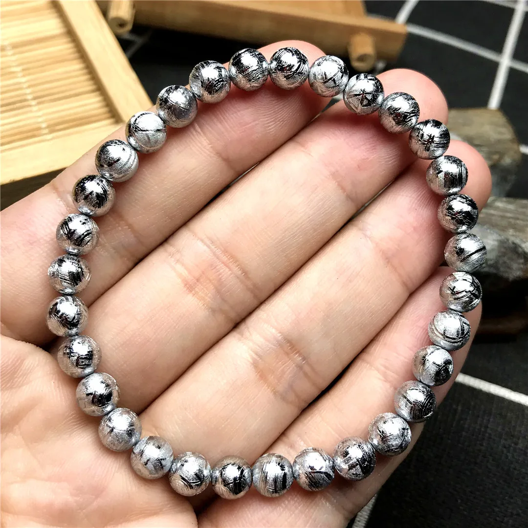 

6mm Natural Gibeon Iron Meteorite Moldavite Bracelet Jewelry For Women Lady Men Energy Round Beads Silver Crystal Strands AAAAA