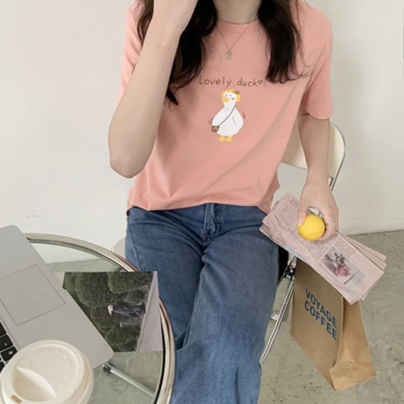 

2021 Summer New Cartoon Print Women T-shirts Cute Casual Loose Oversize T-shirts O-neck Short Sleeve girls Tees 100% cotton