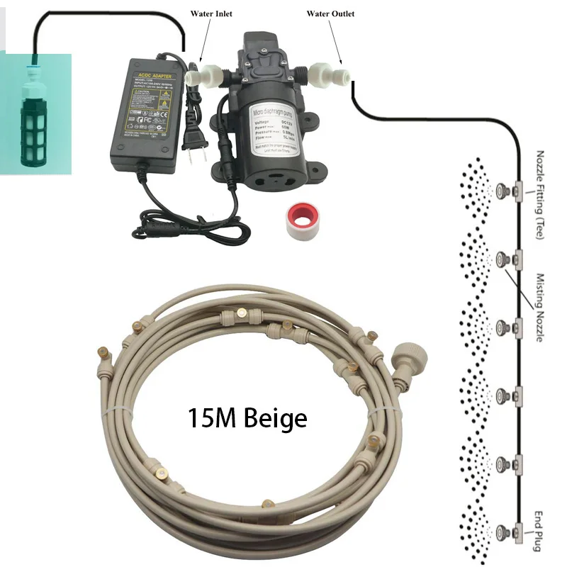 Beige 15M Kit 6 м-18 м садовая система водяного тумана система охлаждения водяного тумана распылитель для орошения запотевание для зеленых цветов - Цвет: Beige 15M Kit