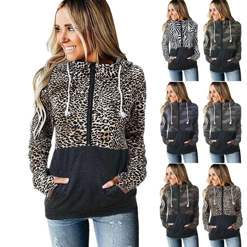 Half Zip Pullover Sweatshirt Women Drawstring Color Block Patchwork Hoodie Pocket Poleron 2021 Casual Wear Hoodie Leopard Print