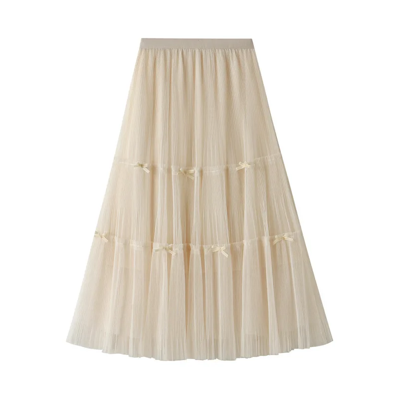 

Bowknot Mesh Gauzy Skirts Women 2021 Spring Summer Fairy High Waist Mid Long A Shape Femme