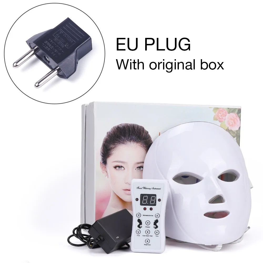 EU PLUG with BOX 7 цветов светодиодный аппарат для ухода за кожей лица против морщин устройство для удаления акне Красота спа устройство омоложение кожи белый маска для лица - Цвет: EU PLUG with BOX