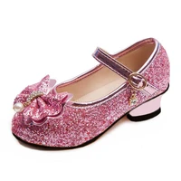 kids leather shoes for girls flower casual glitter children high heel 2021 princess girls shoes butterfly knot pink silver