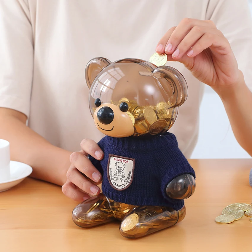 

Creative Children Coin Piggy Bank Money Box Cartoon Clothes Bear Plastic Transparent Piggy Bank Home Decoration Accessories
