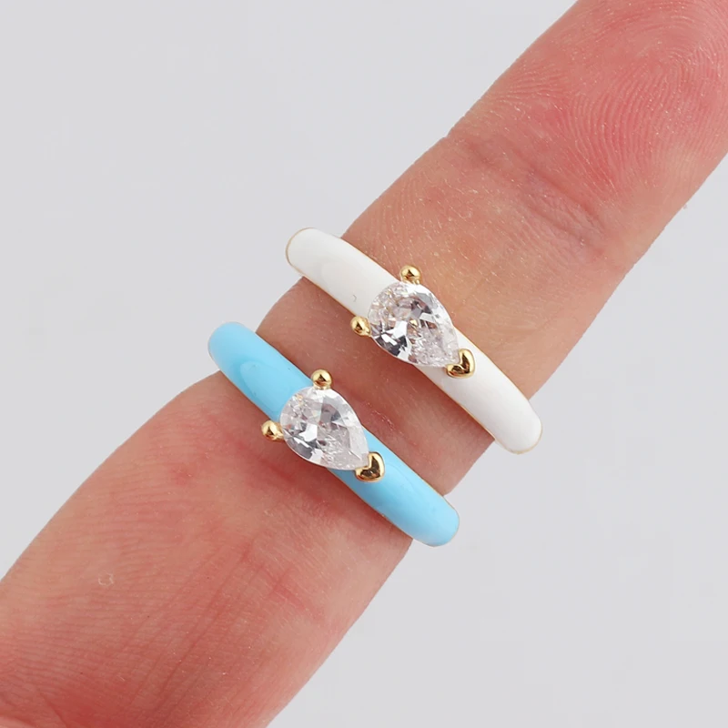 

2021 Summer Pastel Enamel Colorful Jewelry White Tear Drop Cubic Zirconia Open Adjusted Finger Ring For Girl Women Drop Shipping