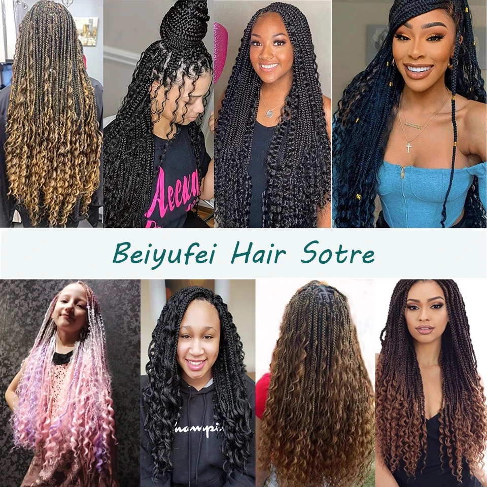 

Beiyufei 22" Messy Goddess Box Braids Crochet Hair For Women Ombre Brown Bug Blue Long Curly Synthetic Crochet Hair Extensions