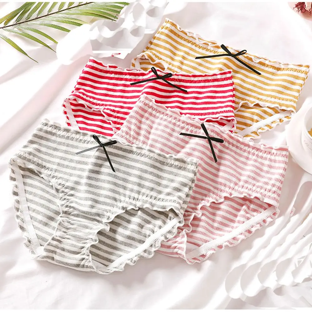 

Simple Striped Bow Seamless Ruffle Underwear Women Cute Cotton Panties Sexy Lingerie Low Waist Soft Breathable Briefs