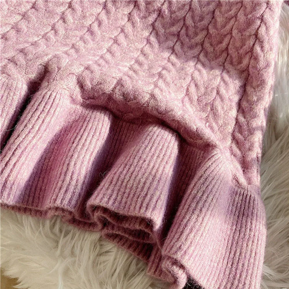 Woman 2021 knitting Suit Skirt Two-piece Autumn Winter Pullover Tops + Short Sweater Chic Lotus Leaf Hem |