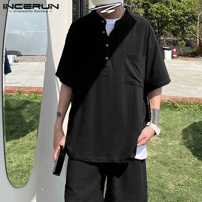 

INCERUN 2021 Men Sets Solid Color Stand Collar Vintage Half Sleeve Shirt & Shorts Streetwear Cotton Men Casual Suit 2 Pieces 5XL