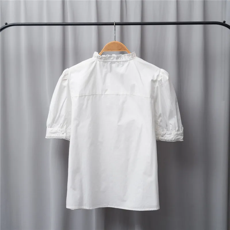 

Vintage Summer Ladies French Slim White Spliced Puff Sleeve Cotton Blouse Female Elegant New Shirt Ladies Brand Casual Top ML119