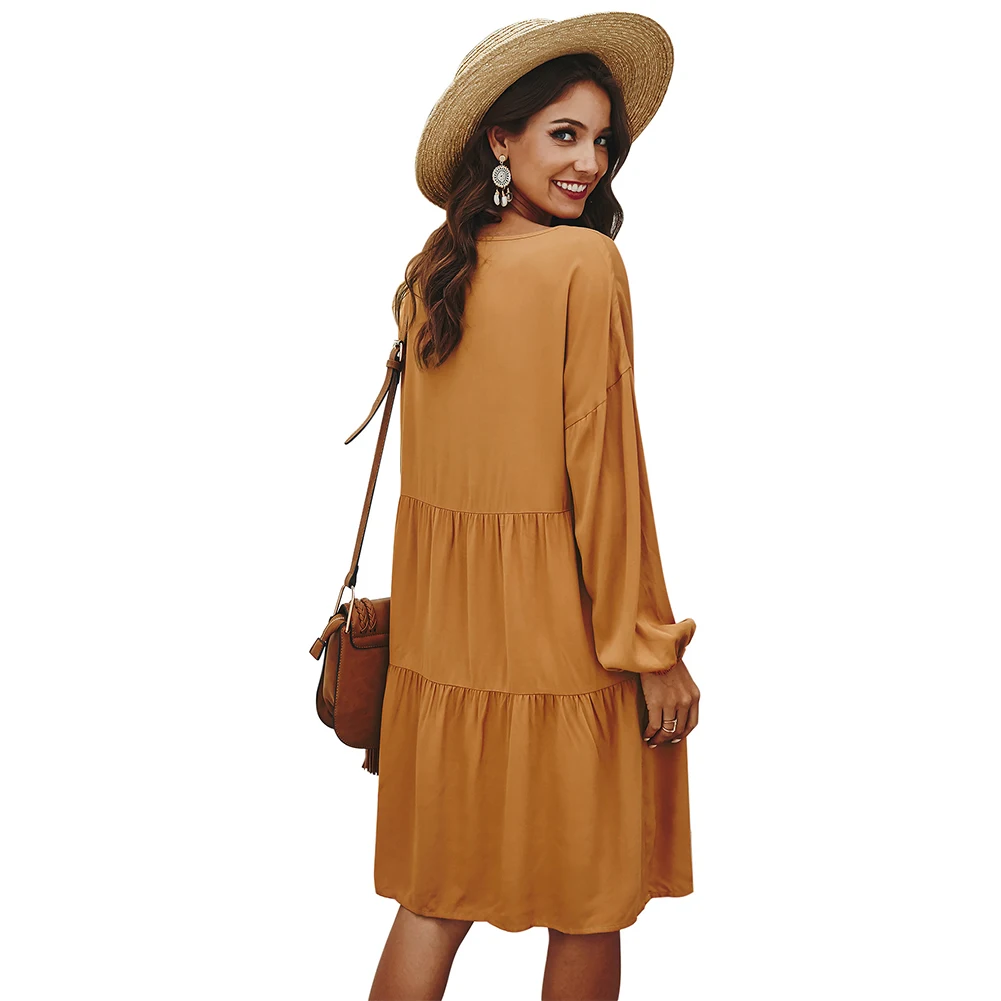 

Women's Long Sleeve Dress V-neck Collar Drawstring Design High Waist Loose Flowy Swing Dresses for Spring K2