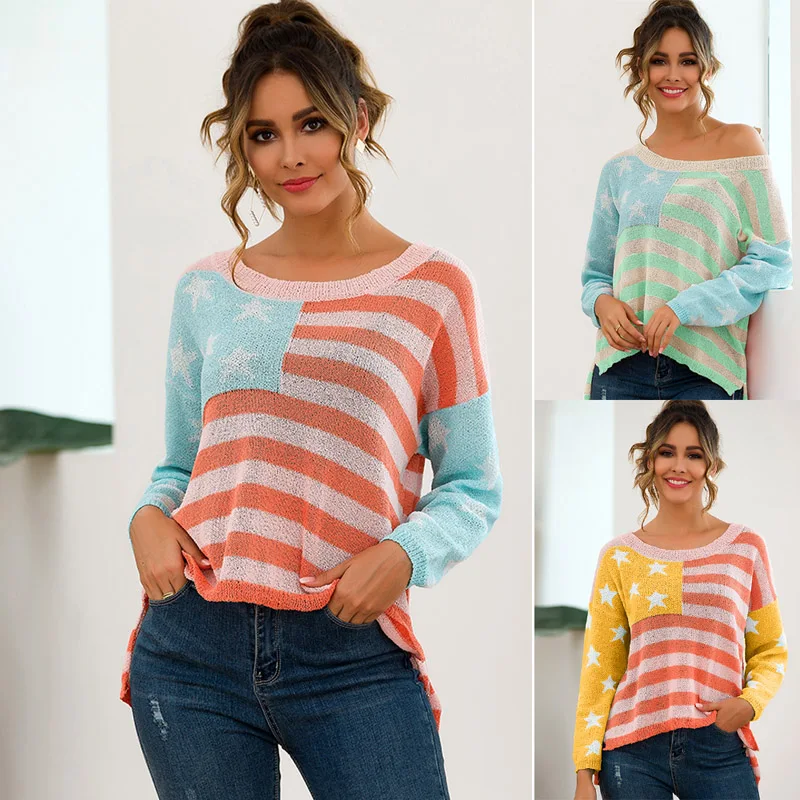 New Arrival Womens Long Sleeved Stars Stripes Sweater Color Matching Casual Pullover | Женская одежда