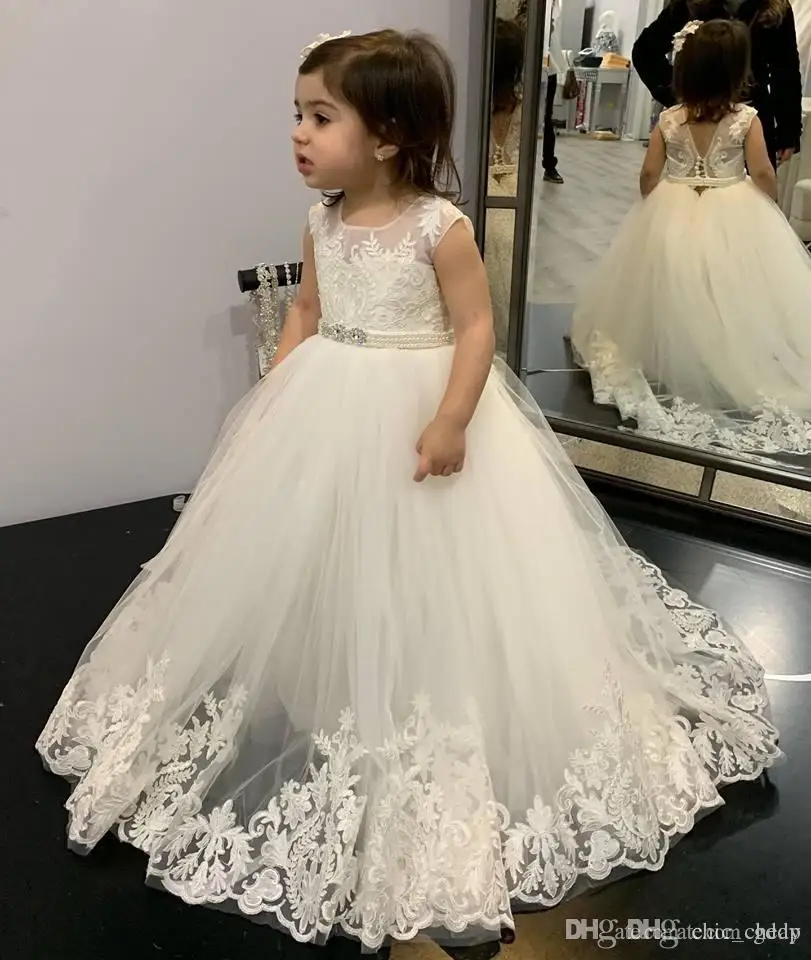 

Sheer Neck Lace Flower Girl Dresses Pearls Crystals Little Girl Wedding Dresses Vintage Pageant Dresses Gowns