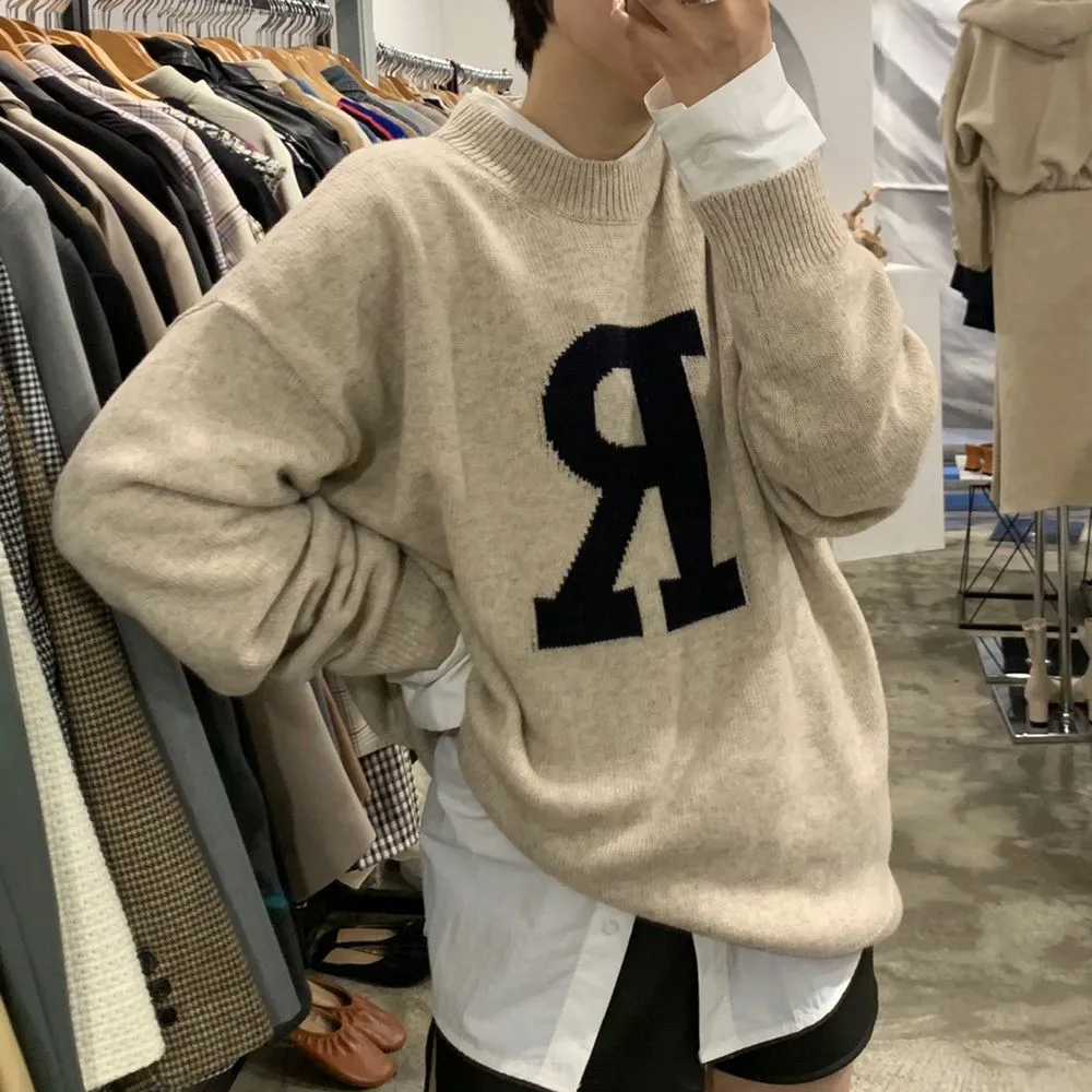 

2021 Autumn New High Street Women Sweater Vintage Big R Letter Baggy Knitted Pullover Female Long Oversized Jumpers Pull Femme