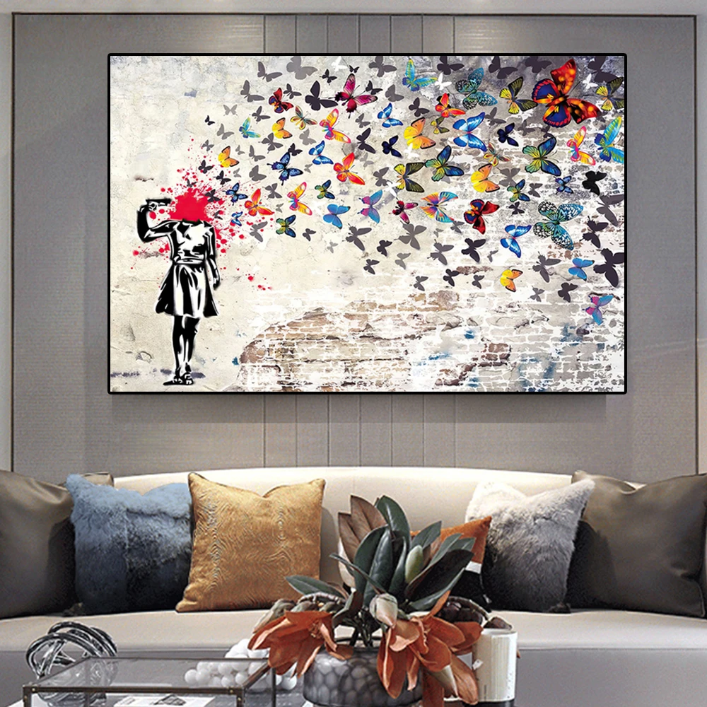 

Banksy Artwork Girl With Butterfly Canvas Paintings on The Wall Horse Riding Posters and Prints Modern Home Room Decor Pictures