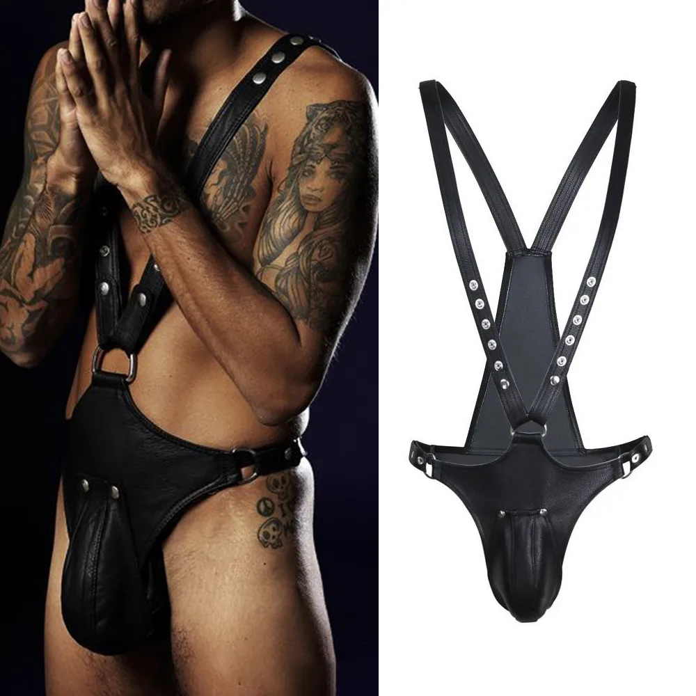 

Men Sexy Thong Open Back Jockstrap Male Underwear Faux Leather Tight-Fitting Jumpsuit Halter Underwear