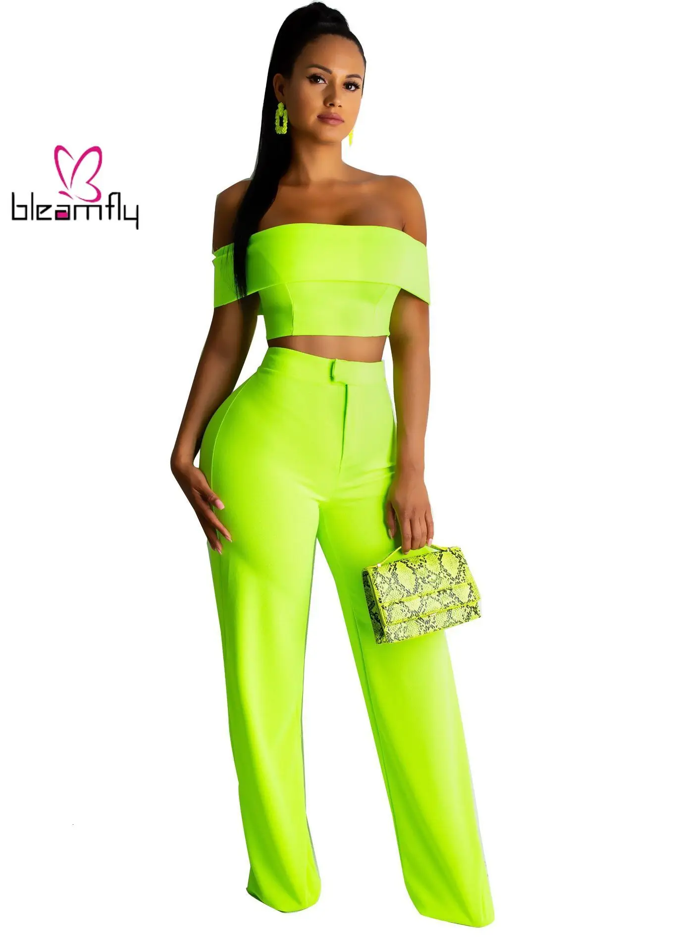 2019 Для женщин Осень Новые однотонные неоновый зеленый с открытыми плечами