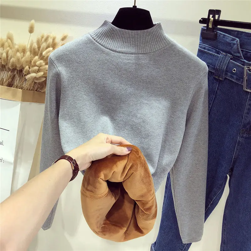 

Теплый свитер с высоким воротником, женский осенне-зимний вязаный джемпер плюс бархатный, женский толстый Свободный пуловер с длинным рука...