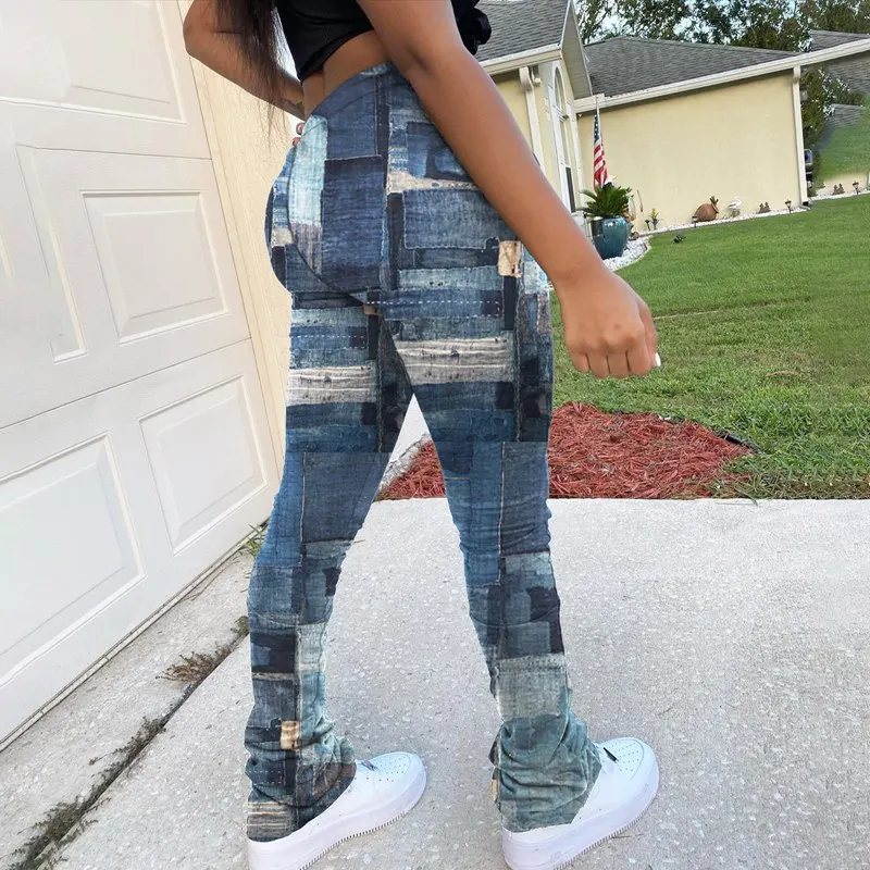 

Laamei Ruched Print Stacked Pants High Wait Stacking Pants Autumn Women Sweatpatns Streetwear Fashion Skinny Pockets Trousers