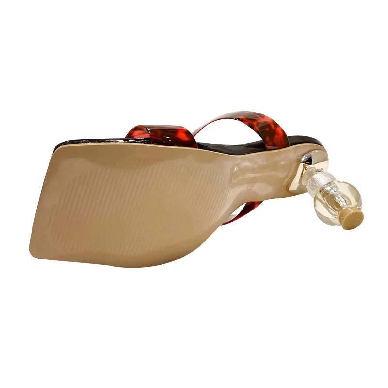 

2021 New Leopard Grain Transparent PVC Slippers Summer Fashion Square Toe Strange Crystal Heels Women Slides Party Shoes