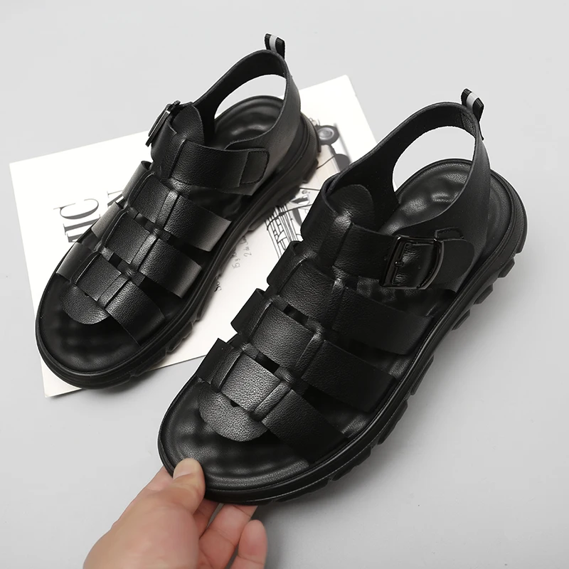 

Black High Quality Leather Sandals Men Summer Man Beach Flat Casual Shoes Outdoor Sandals for Men Luxury Sandalia Plataforma Hot