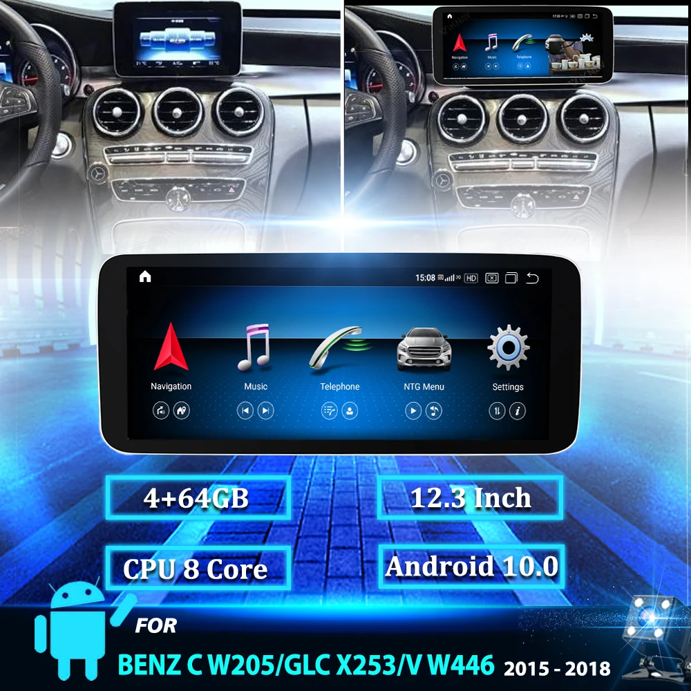 

12.3 inch android 10 Car multimedia radio Player for Mercedes benz C Class W205 GLC Class X253 V Class W446 2015-2018