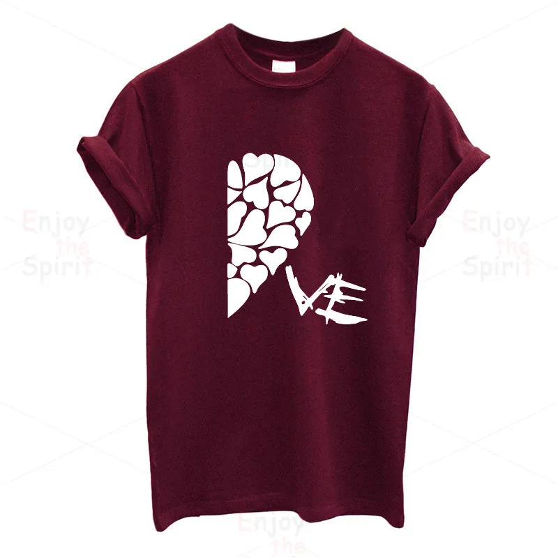 EnjoytheSpirit, новинка, летние забавные парные футболки, наполовину красное сердце, любовь, печать, хлопок, круглый вырез, футболки, крутая, короткий рукав, парная одежда - Цвет: P915WMaroon