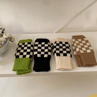 trendy knitted checkerboard gloves korean autumn winter warm simple versatile half finger gloves women girls wool check gloves