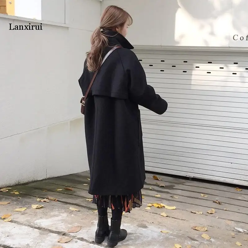 

Женское шерстяное пальто, длинное черное пальто в Корейском стиле, Повседневная Уличная куртка с длинным рукавом, пальто на пуговицах, весн...