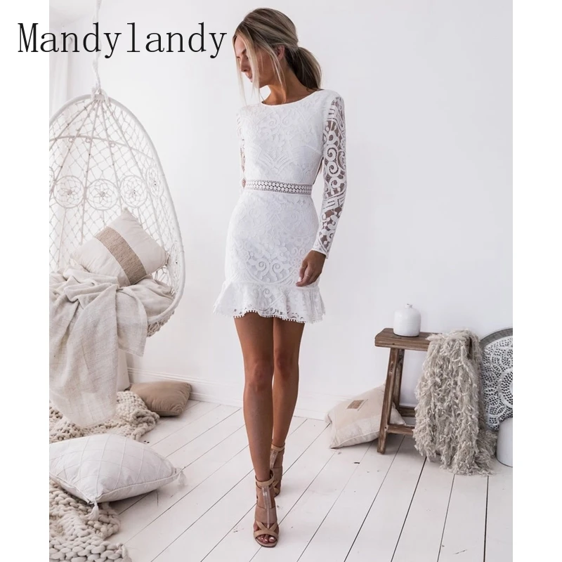 

Mandylandy Women's Casual Long Sleeve O-Neck Slim Lace-up Hollow Out Dress Summer Autumn Backless Sexy Solid Color Lace Dress