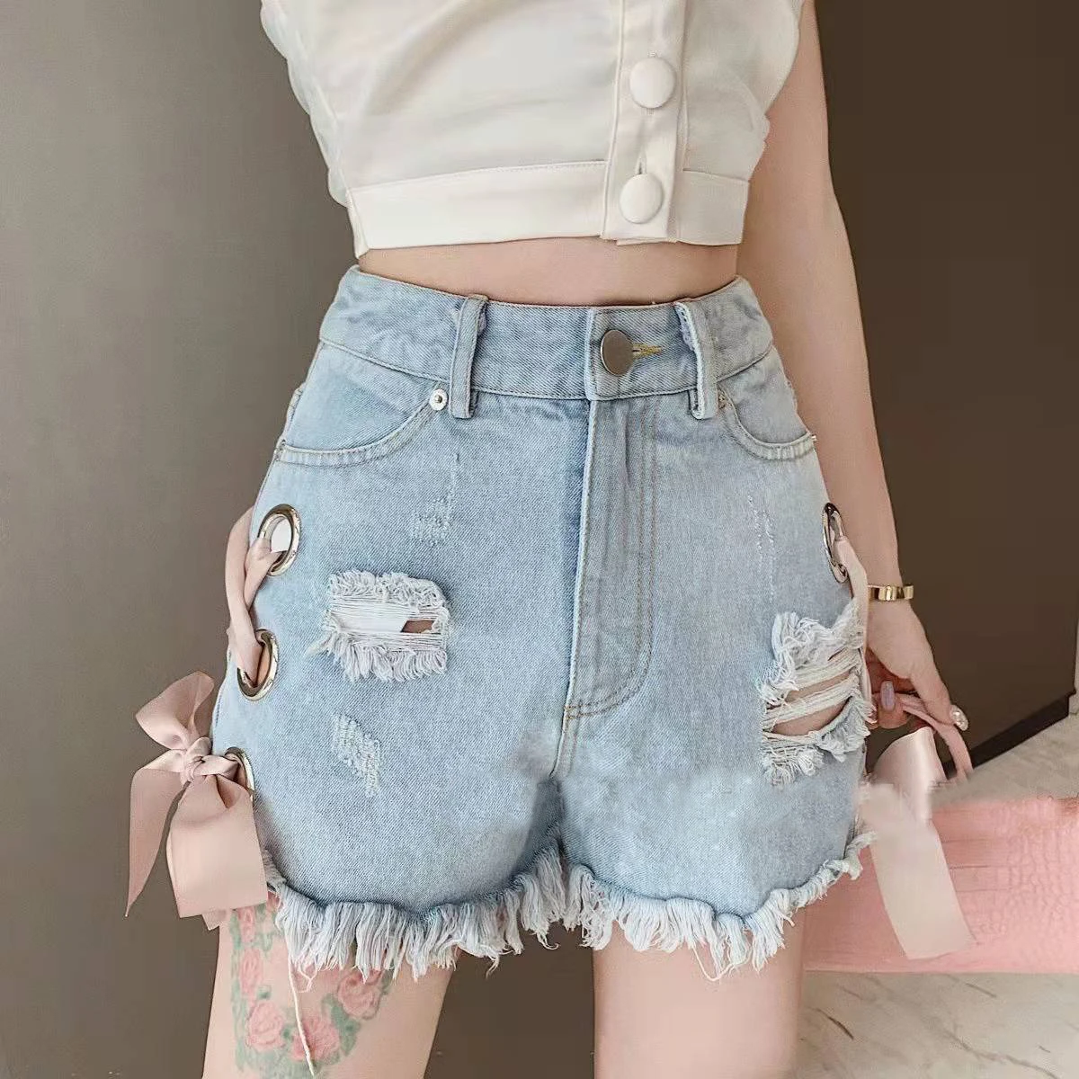 

Шорты женские джинсовые с завышенной талией, повседневные короткие штаны на молнии с карманами и широкими штанинами, синие, на лето