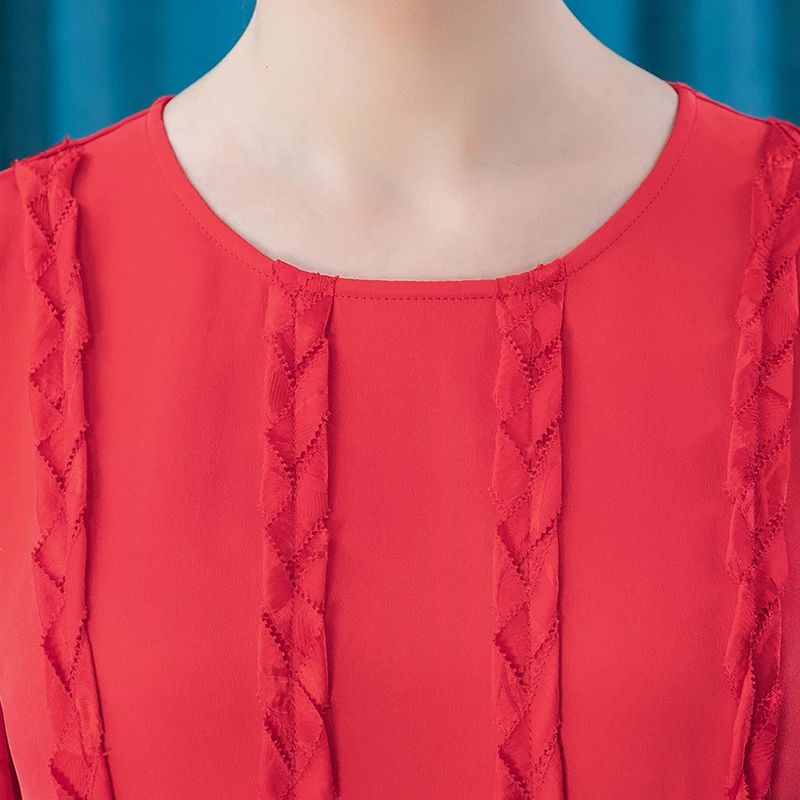 買取 Voaシルク夢レッドヘビー30オス/オススパイラルストライプステレオステッチ装飾半袖ラウンドネック女性のためAE671