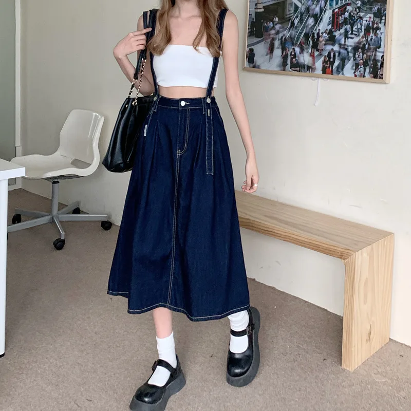

Denim Midi Skirts with Strap Women Summer 2022 New Mid-length A-line Casual Large Swing Jeans Skirt Umbrella Skirt RXHBSQ642