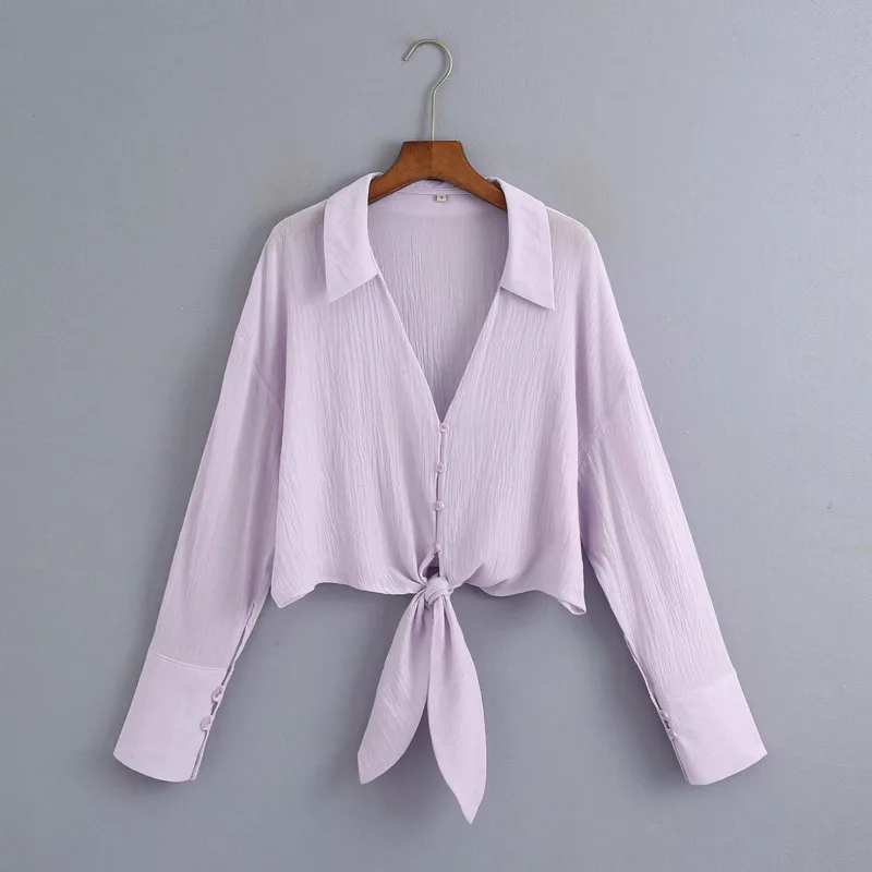 

Women's Shirt Blouse New Autumn Pop Purple Bow Crop Top Shirts Office Ladies Long Sleeve Turn Down Collar Chic Streetwear Blusa