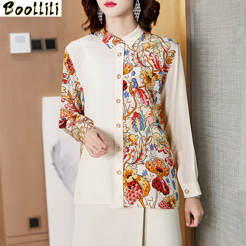 Boollili Real Silk Shirts Womens Tops and Blouses Long Sleeve Blouse Spring Autumn Korean Fashion Clothing Women Blusas