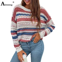 long sleeve fashion striped womens knitted sweater vintage loose top streetwear loose fitting sweaters female casual pullovers