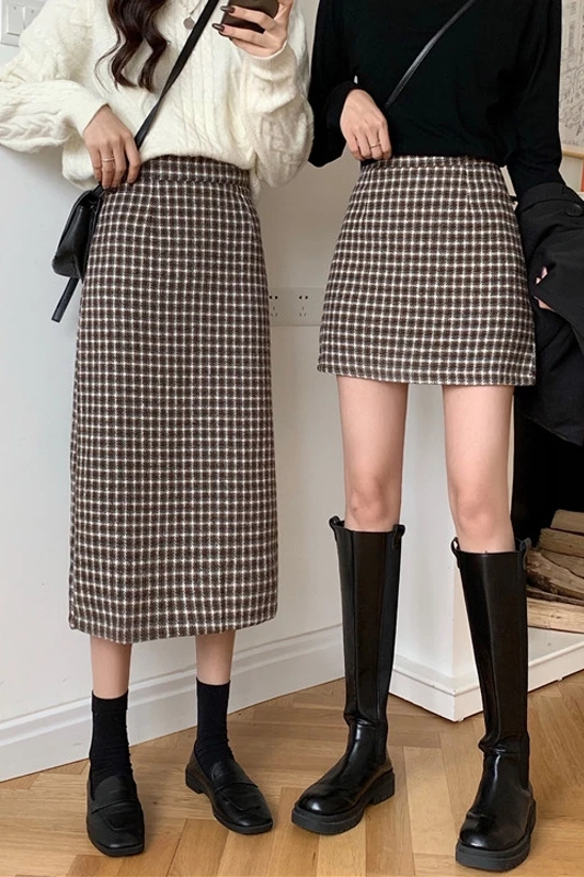 

Autumn and Winter 2020 New Retro Hong Kong Style High Waist Slimming Mid-Length Girlfriends Plaid Sheath A- line Skirt Women