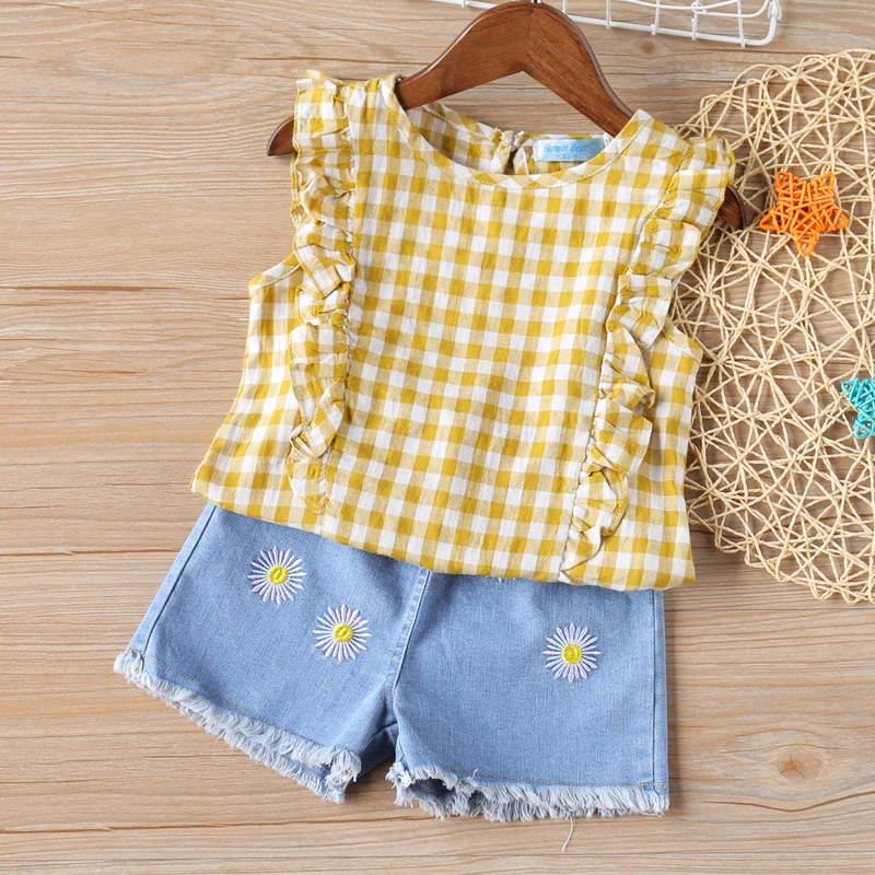 

2022 Summer Girl Set Plaid Sleeveless Top+Denim Shorts 2Pcs Clothing Sets Kids Children Clothes For 2-6 Years