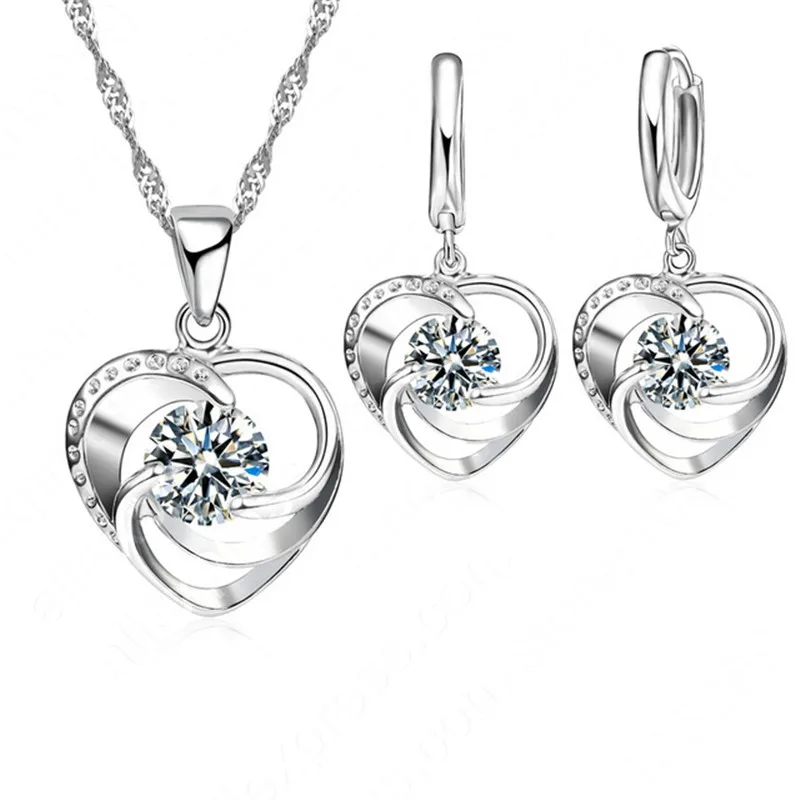 

New Promotion Enagagement/Wedding Jewelry Set 100% 925 Sterling Silver Heart Pendant Necklace/Earrings Sets Wholesale